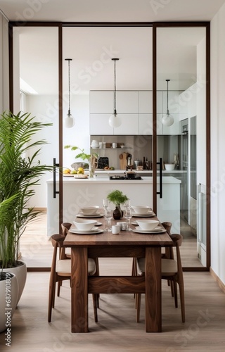 kitchen and dining room seperated by glass door