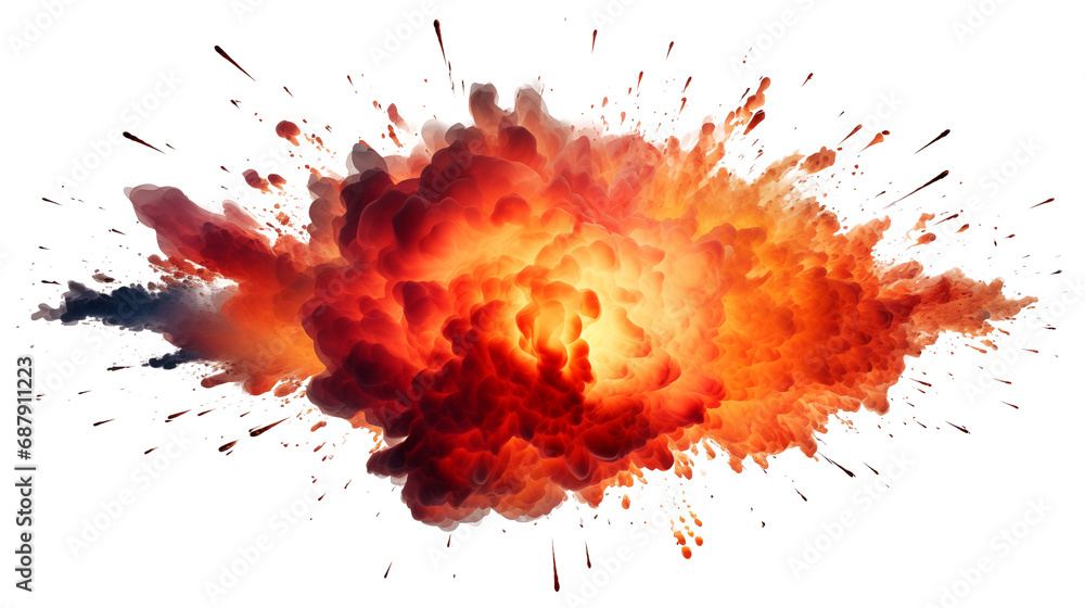 Realistic fiery explosion with colorful streaks. Large fireball with black smoke on white background.
