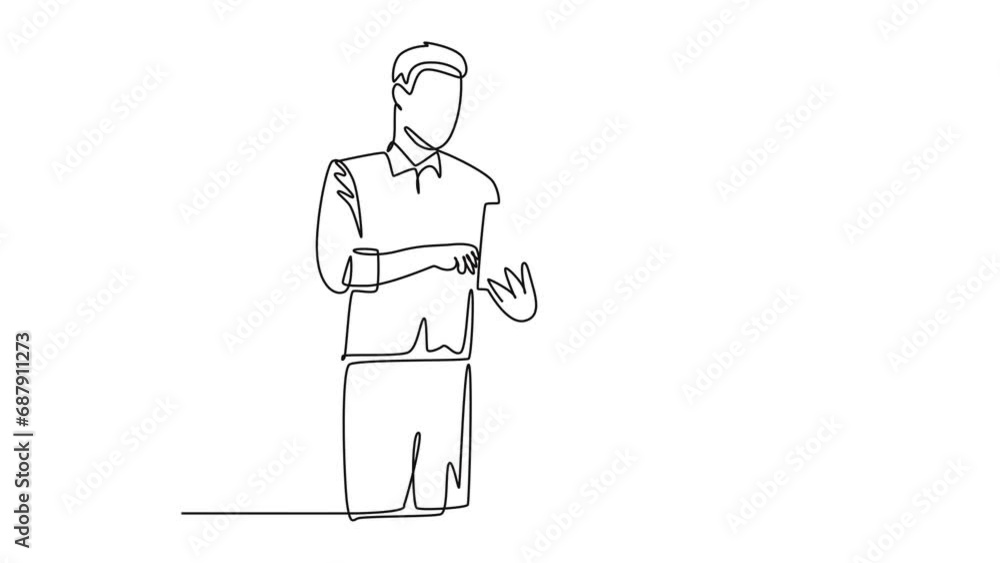 Self drawing animation single line draw young success employee talking to his colleague discussing new company project during meeting. Office talk concept. Continuous line draw. Full length animated Self drawing animation single line draw young success employee talking to his colleague discussing new company project during meeting. Office talk concept. Continuous line draw. Full length animated