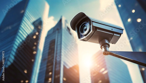 Close-up of a modern security camera against a clear blue sky with blurred skyscrapers on background.