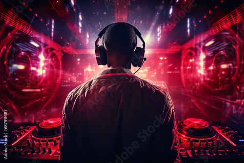  Close-up of a DJ wearing headphones, deeply focused on mixing tracks in a vibrant club setting, showcasing modern DJing. 