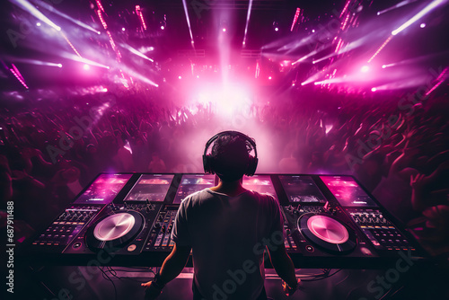  Aerial shot of a DJ performing in a night club with vibrant dance floor lights, depicting the energetic clubbing scene. 