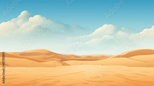 A dry desert surrounded by sand dunes with a clear sky. © Gun