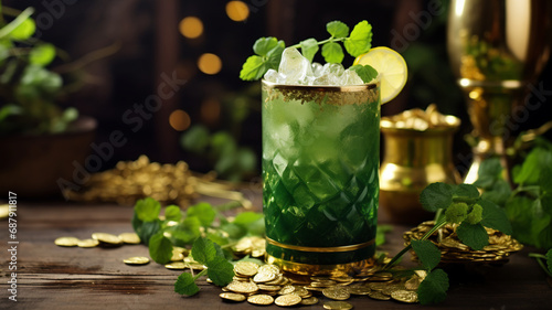 Frothy green beer in a mug with scattered shamrocks on a wooden surface, set against a bokeh light background, ideal for St. Patrick's Day