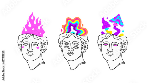 Psychedelic Pop Art Posters collection. Antique statue Appolo plaster head with psychedelic elements. Glitch Art print design. Abstract picture or poster for interior art. T-shirt poster design