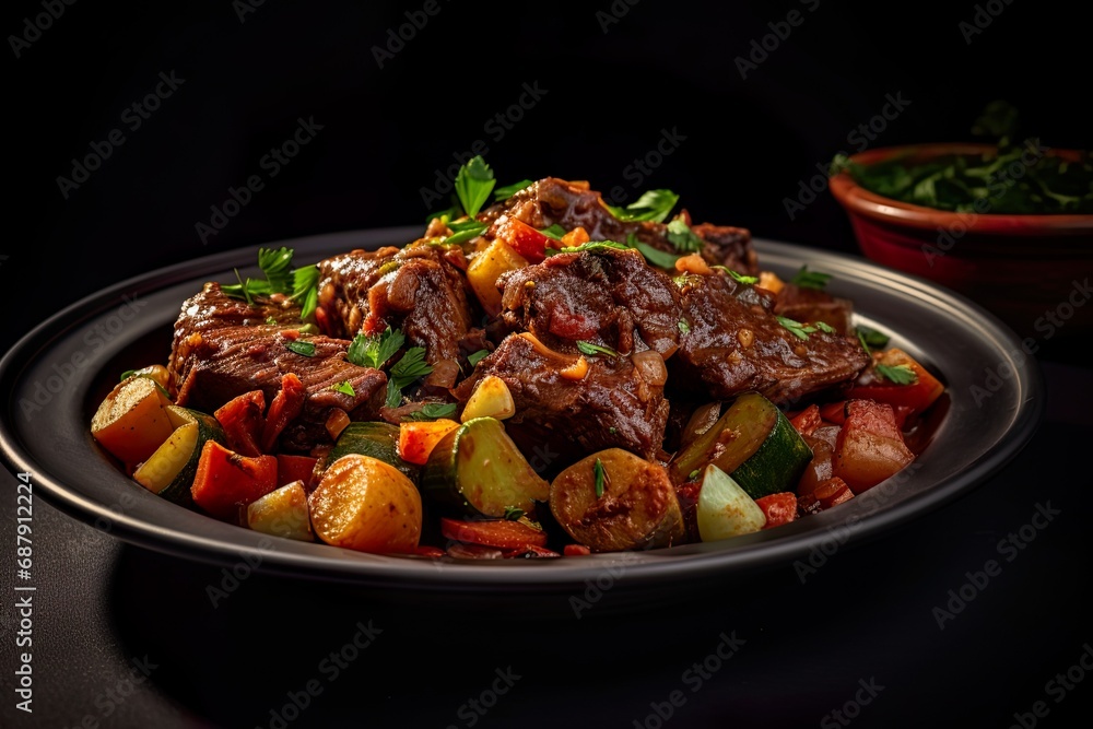 Delicious meat dish with vegetables on a wooden table with a black background Delicious meat dish with vegetables on a wooden table with a black background