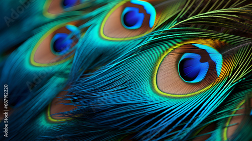 Colorful exotic background of bright purple and blue peacock feathers, Peacock feather background, Blue and green peacock feather closeup, A captivating close-up of a vibrant peacock feather.

 photo