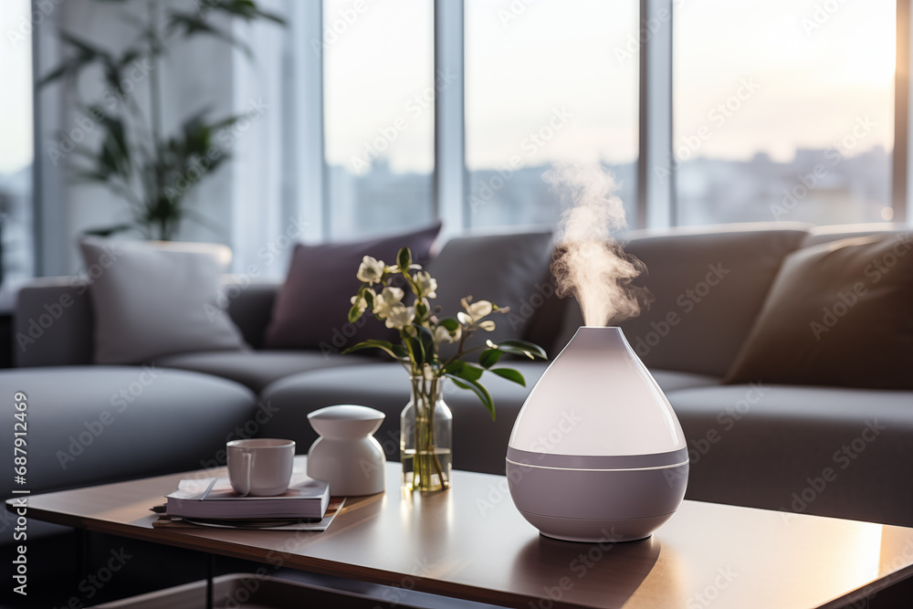 humidifier on the table in the living room - obrazy, fototapety, plakaty 