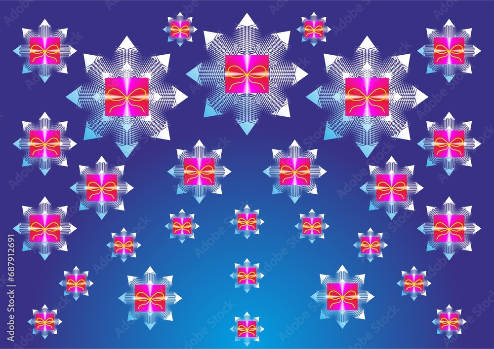 White and blue snowflakes, pink parcels of gifts with yellow bows - abstract graphic with neon pink color and blue background. Topics: holidays, celebration, joy, gift, wintertime White and blue snowflakes, pink parcels of gifts with yellow bows - abstract graphic with neon pink color and blue background. Topics: holidays, celebration, joy, gift, wintertime