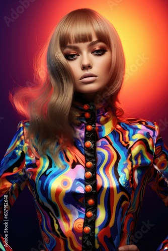A fashionable portrait of a woman with bright clothes in a psychedelic style. Fashion and trends.