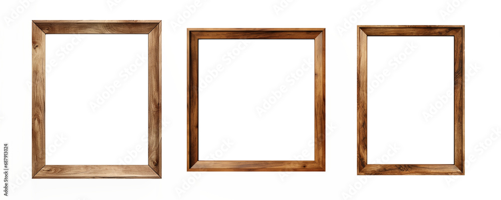 Set of empty natural wooden photo frames on transparent background. Realistic border wooden rectangular picture frame for design, Image display concept Set of empty natural wooden photo frames on transparent background. Realistic border wooden rectangular picture frame for design, Image display concept