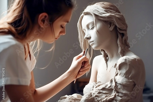 A girl sculpts herself from clay. Self-portrait
