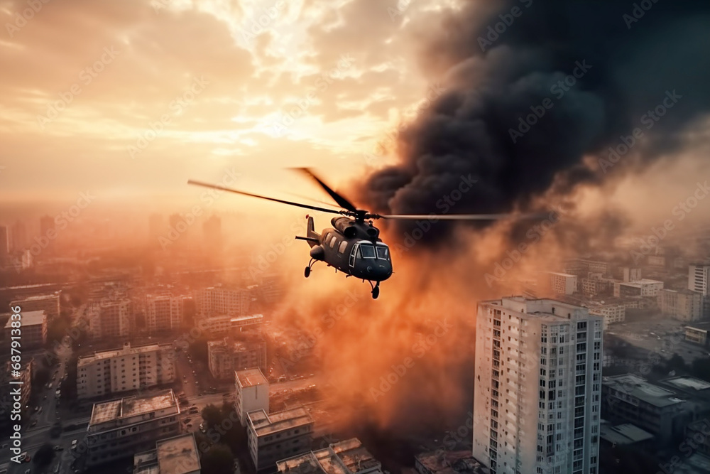 A military helicopter in close-up in flight in the sky against the background of a city burning from explosions