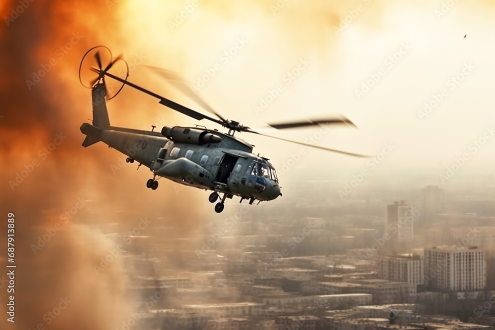 A military helicopter in close-up in flight in the sky against the background of a city burning from explosions A military helicopter in close-up in flight in the sky against the background of a city burning from explosions