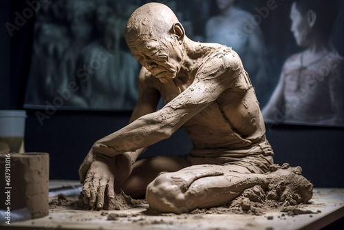 A Manah man of Asian appearance sculpts himself from clay.