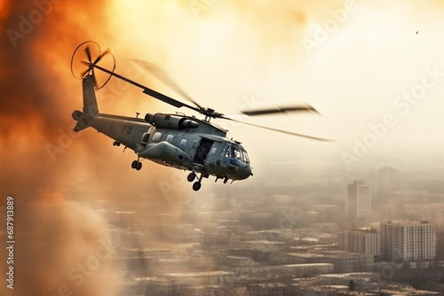 A military helicopter in close-up in flight in the sky against the background of a city burning from explosions photo