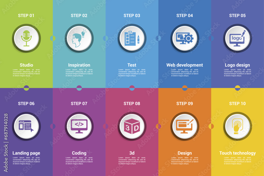 Naklejka premium Infographics with Creative Package theme icons, 10 steps. Such as studio, inspiration, test, web development and more.