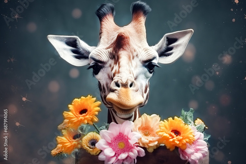 Giraffe face close up in wildflowers