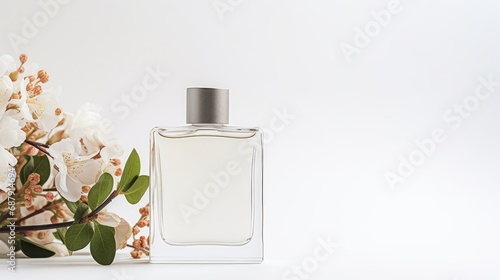 a bottle of perfume placed on a white background, adorned with fresh flowers for decoration, a minimalist and modern style.