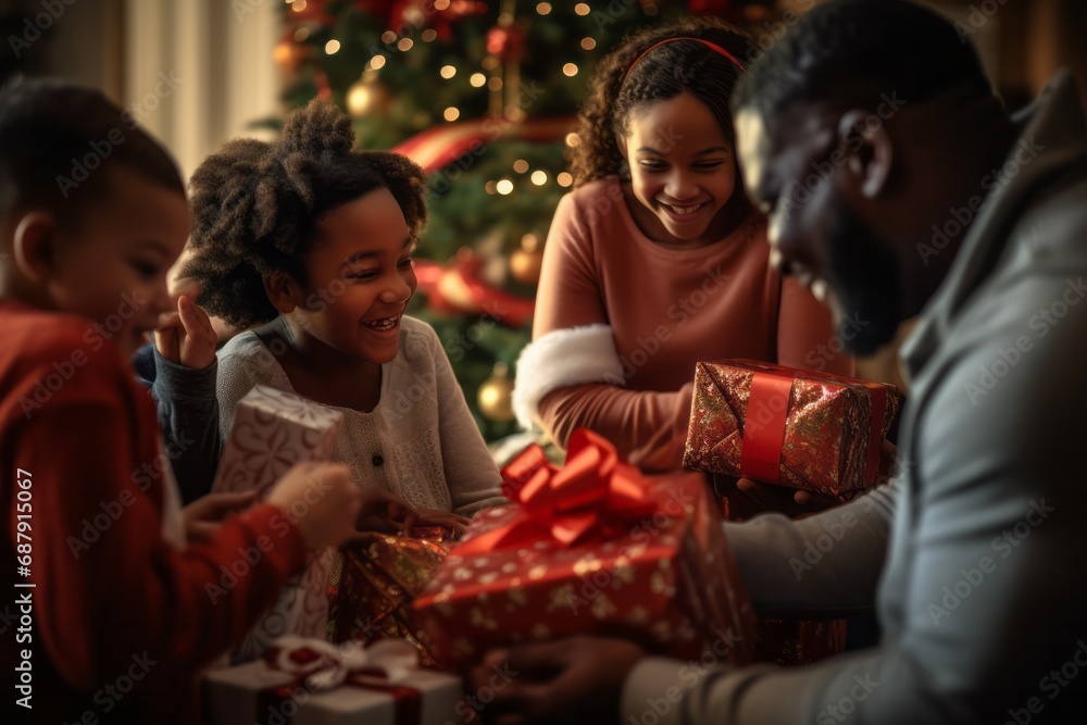 Black family of two children and two parents excitedly opening their Christmas presents, with a cozy fireplace and stockings hanging in the background Black family of two children and two parents excitedly opening their Christmas presents, with a cozy fireplace and stockings hanging in the background