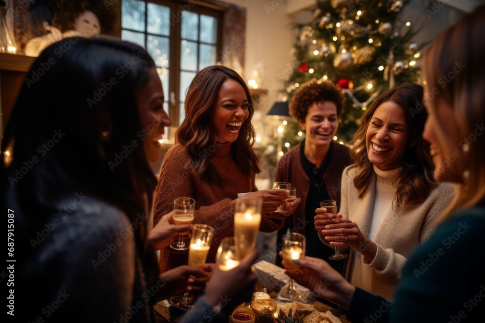 Friends gathered around a table for a Christmas toast. The table is set with plates, glasses, and silverware. There are candles. The room is decorated with a Christmas tree, garland, and wreath.