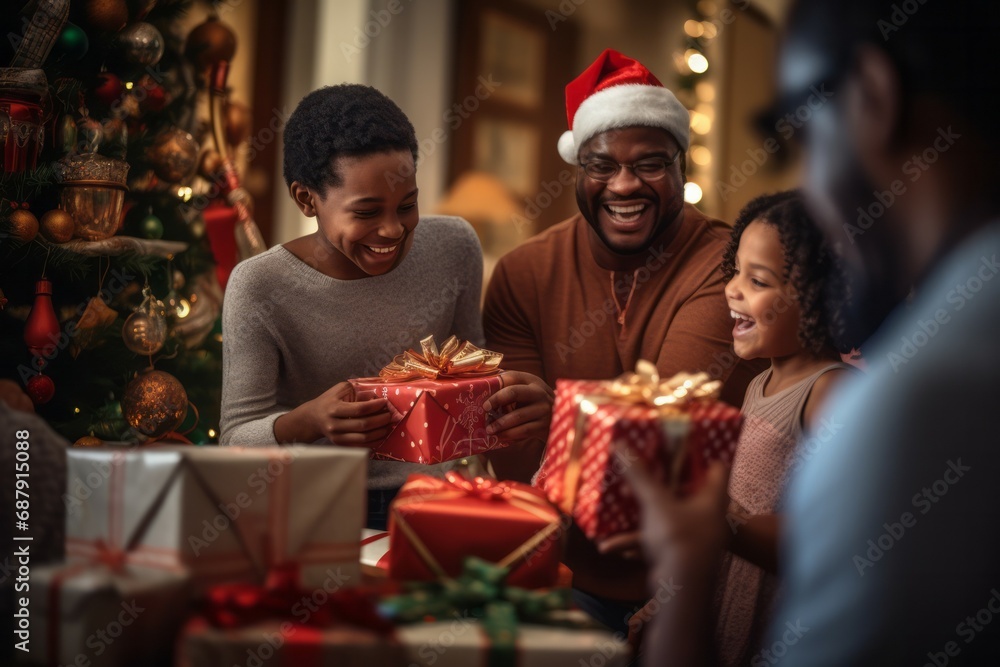 Black family of two children and two parents excitedly opening their Christmas presents, with a cozy fireplace and stockings hanging in the background Black family of two children and two parents excitedly opening their Christmas presents, with a cozy fireplace and stockings hanging in the background