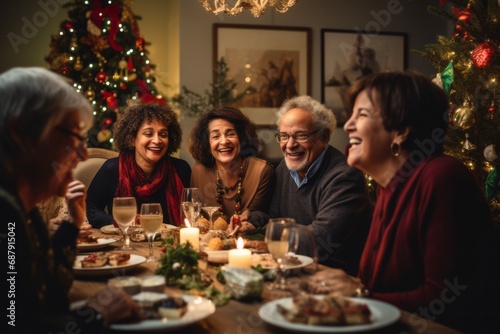 Group of diverse 60 year old friends having a Christmas dinner  with a beautifully decorated living room and Christmas decorations as the setting during a lively holiday party