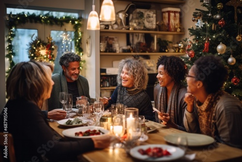 Group of diverse 60 year old friends having a Christmas dinner  with a beautifully decorated living room and Christmas decorations as the setting during a lively holiday party