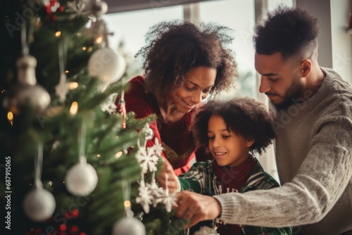 Family of three decorating a festive Christmas tree, sharing a warm and joyful moment together