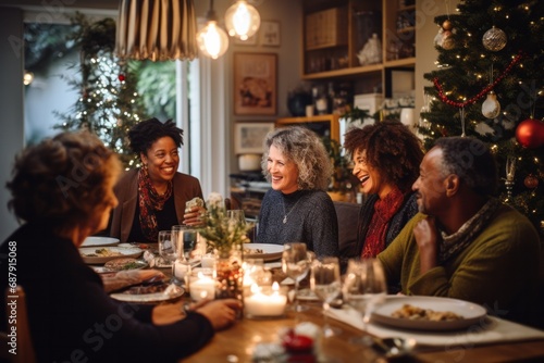 Group of diverse 60 year old friends having a Christmas dinner, with a beautifully decorated living room and Christmas decorations as the setting during a lively holiday party