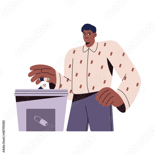 People sorting waste, separate trash, segregate rubbish. Man care about ecology. Guy collect accumulators, throw batteries in garbage container. Green life flat isolated vector illustration on white