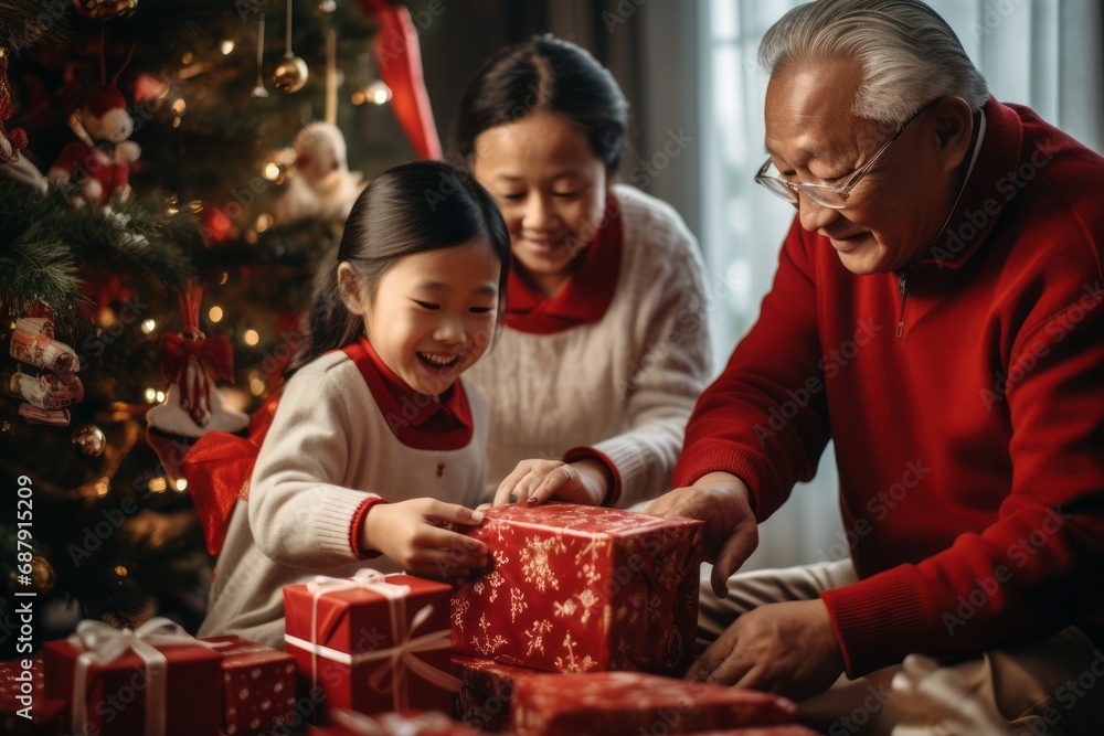 Asian Family gathers by a Christmas tree; a joyful girl unwraps a gift, assisted by doting grandparents. The room is lit with festive warmth and delight Asian Family gathers by a Christmas tree; a joyful girl unwraps a gift, assisted by doting grandparents. The room is lit with festive warmth and delight