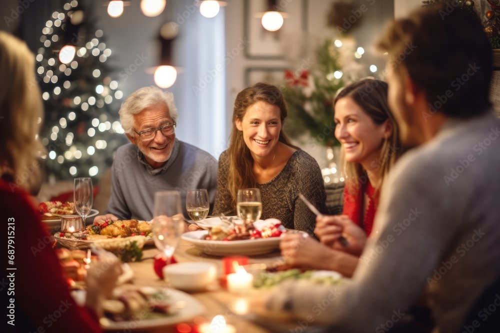 A family gathers around a festive table, enjoying a Christmas dinner. Their faces glow with happiness, amidst candlelight and a decorated tree A family gathers around a festive table, enjoying a Christmas dinner. Their faces glow with happiness, amidst candlelight and a decorated tree