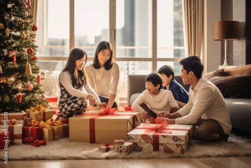 An Asian family celebrates Christmas, unwrapping gifts in a modern living room. They share joyous moments beside a beautifully adorned tree and city view