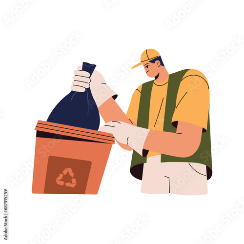 People separate, sorting, segregate trash. Cleaner collect pack with waste from garbage container, dumpster. Care about nature, environment. Recycle rubbish flat isolated vector illustration on white
