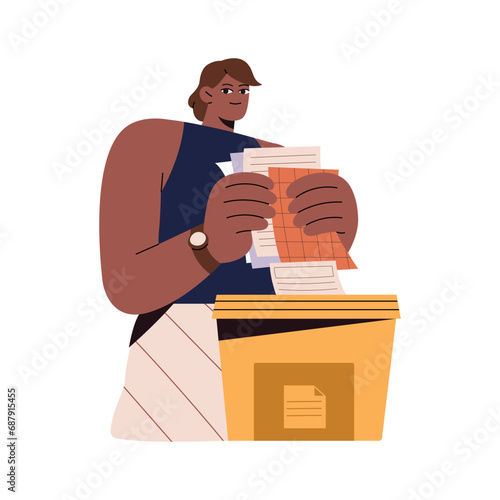 People separate garbage, sorting rubbish, segregate trash. Woman collect paper waste, throw sheets in dumpster for paperwaste. Sustainable life, recycle. Flat isolated vector illustration on white