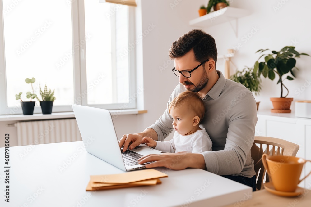 Father working with his baby boy in home office with laptop. Work from home concept Father working with his baby boy in home office with laptop. Work from home concept