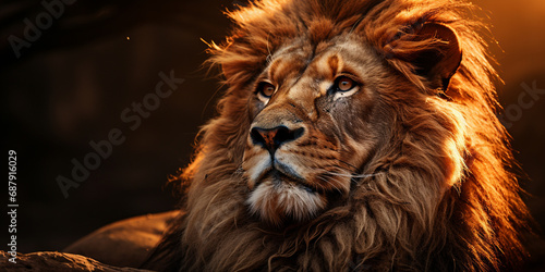 A Lion sits on a mound and stares High quality photo