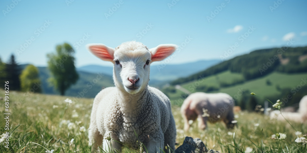 Obraz premium A Sheep sits calmly on a mound with blur background High quality photo