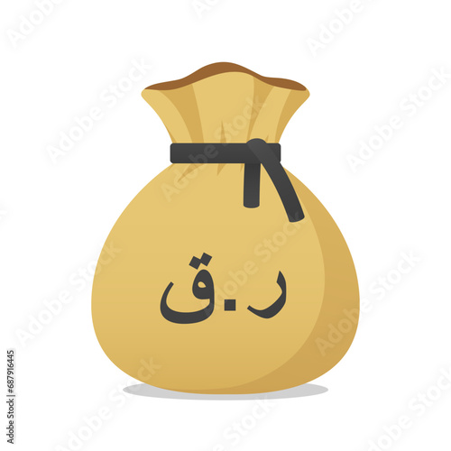 Moneybag with Qatari Riyal symbol. Cash money, currency, business and financial item. Flat vector moneybag sign.