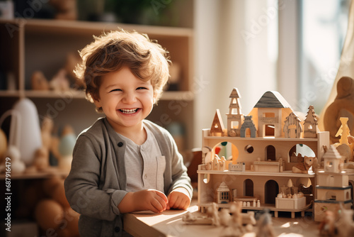 A cheerful child playing with toys