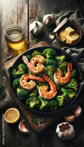 Garlic Butter Shrimp and Broccoli Skillet in Rustic Vintage Mood with Soft Focus