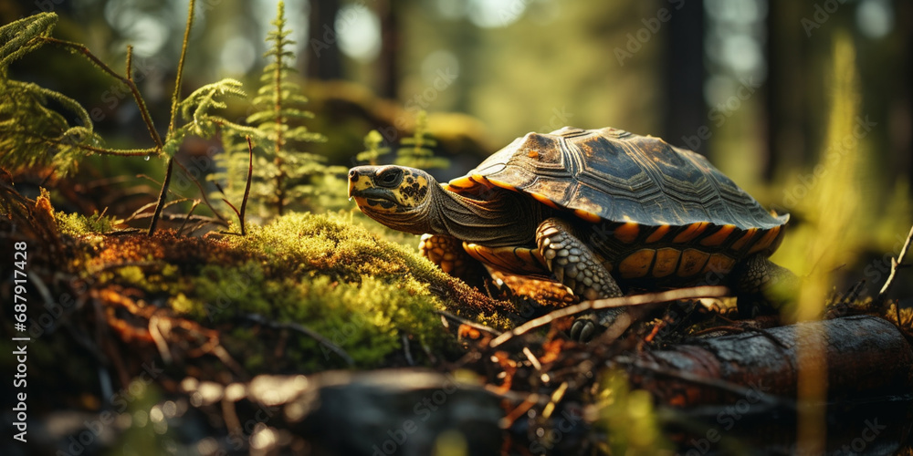 Fototapeta premium A Tortoise sits and watches intently with forest views High quality photo