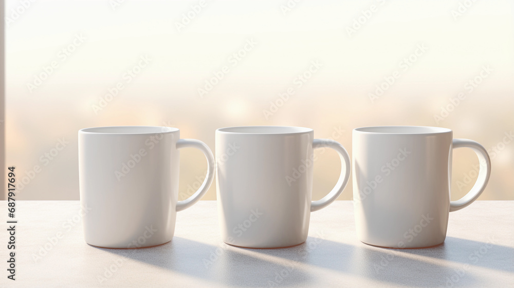 Three White Mugs Mockup Against the Background of Blurred Lights. Empty mug mock up for brand promotion. Three White Mugs Mockup Against the Background of Blurred Lights. Empty mug mock up for brand promotion.
