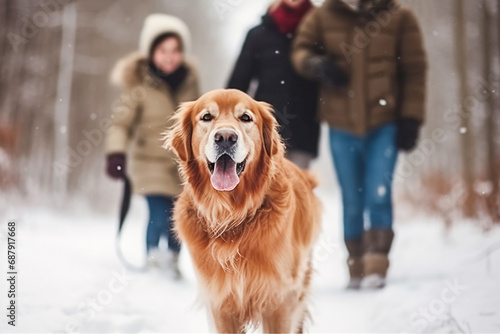 A happy family walks their domestic golden retriever outdoors in the winter forest. Focus and sharpness on a dog