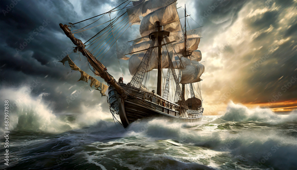 Bottom view of an old wooden sailing ship braving the waves of a wild stormy sea, in the background dramatic sky with storm clouds at sunrise or sunset. - obrazy, fototapety, plakaty 
