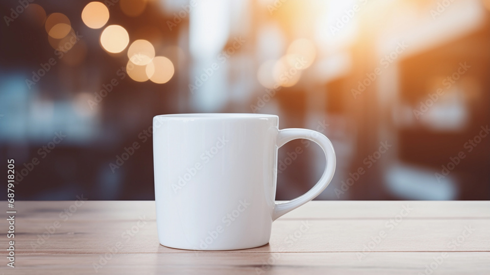 White Mug Mockup Against the Background of Blurred Lights. Empty mug mock up for brand promotion. White Mug Mockup Against the Background of Blurred Lights. Empty mug mock up for brand promotion.