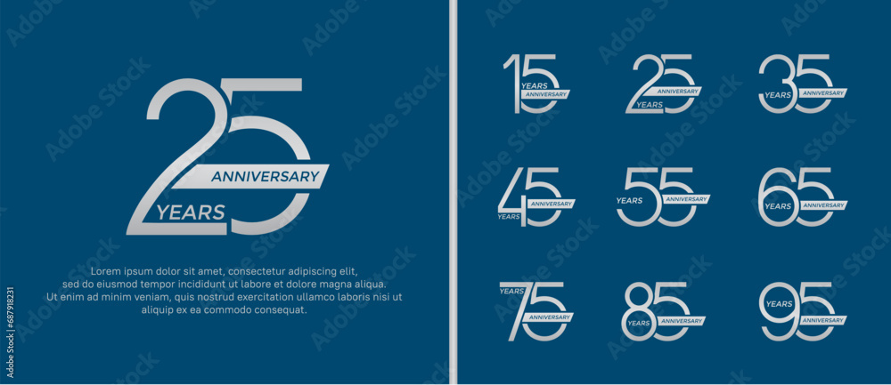 set of anniversary logo silver color and ribbon on blue background for celebration moment - obrazy, fototapety, plakaty 