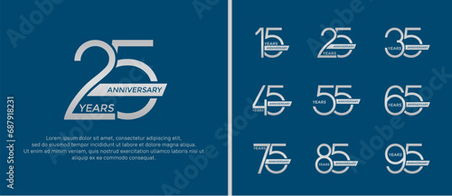 set of anniversary logo silver color and ribbon on blue background for celebration moment