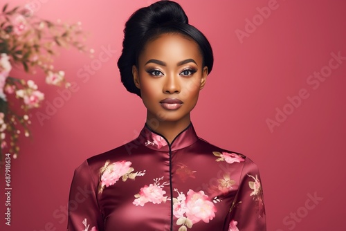 Young African beauty woman wearing cheongsam, one color background, copy space . generative ai